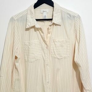 JAPNA WOMEN'S LONG SLEEVE ROLL TAB SLEEVE BUTTON DOWN SHIRT STRIPED cotton/rayon